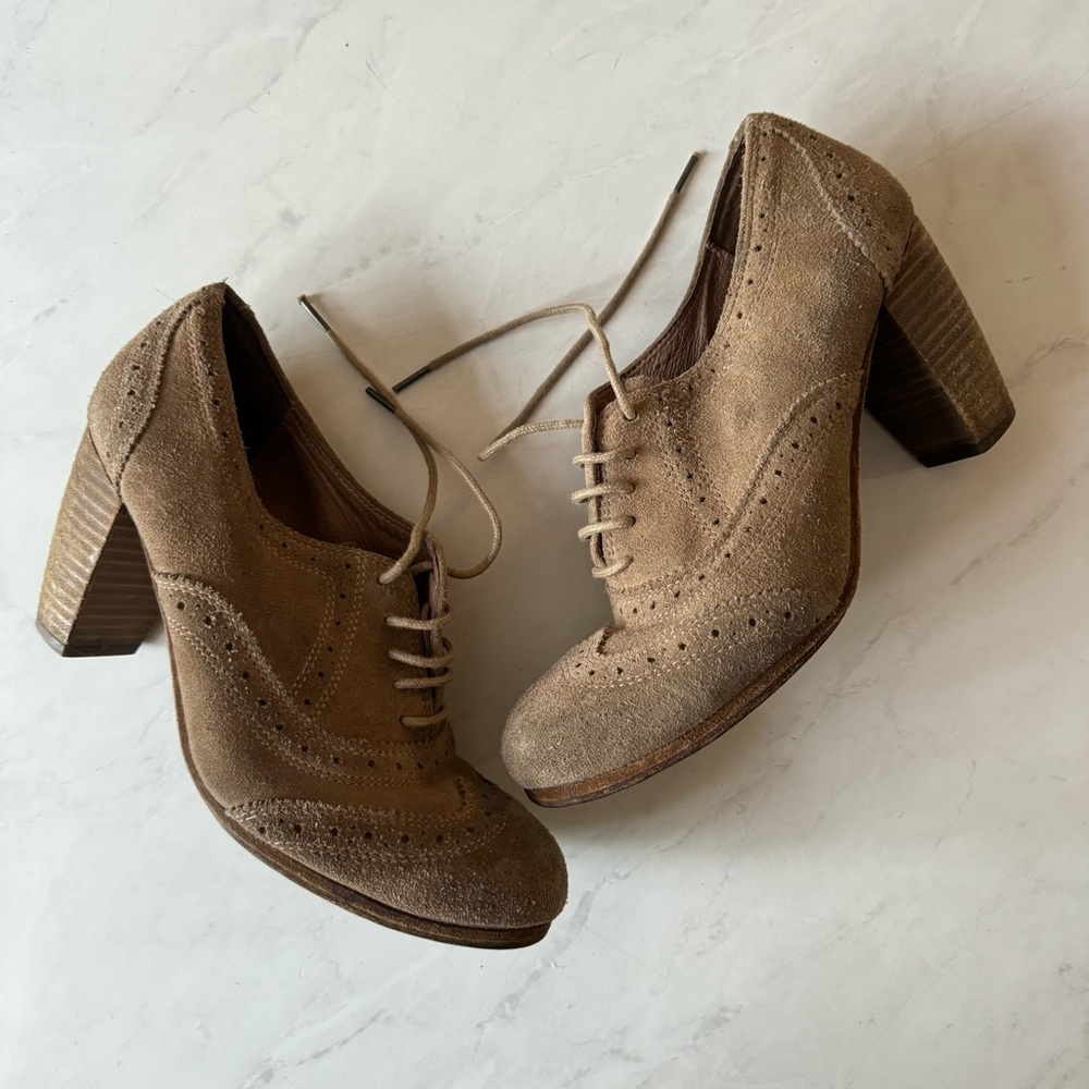 ALLSAINTS SPITAFIELDS Heeled Oxford Wingtip Suede Lace Up • size 38 (7.5) - Picture 2 of 16